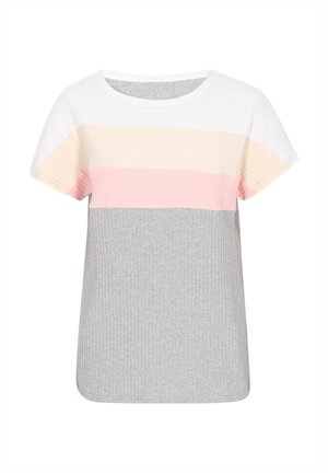 Tričko s krátkým rukávem a kulatým výstřihem, zdobené horizontálními pruhy v bílé, pastelově růžové a šedé z jemné textury. Měkká bavlněná tkanina.