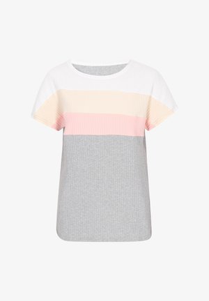 Tričko s krátkým rukávem a kulatým výstřihem, zdobené horizontálními pruhy v bílé, pastelově růžové a šedé z jemné textury. Měkká bavlněná tkanina.