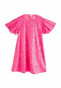 Rövid, rózsaszín ruha, bővülő rövid ujjakkal, csillogó flitterekkel borítva, sima nyakkivágással és hátul záródó megoldással.