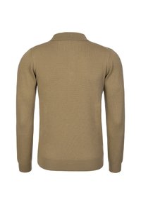 Knit sweater in light brown, featuring a collared neckline and long sleeves. Smooth texture with ribbed cuffs and hem.