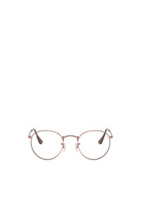 Occhiali rotondi con una sottile montatura in metallo color oro rosa, dotati di naselli trasparenti e punte delle aste in marrone scuro. Le lenti sono chiare e di forma circolare.