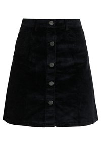 Zwarte corduroy rok met een recht model, voorzien van een voorknopsluiting, zakken en een gestructureerde stof.