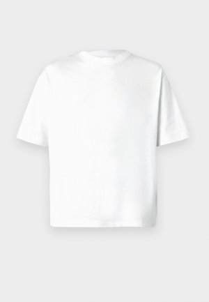 White short-sleeve t-shirt made of soft cotton, featuring a crew neck and a relaxed fit with no patterns or graphics. Smooth texture.