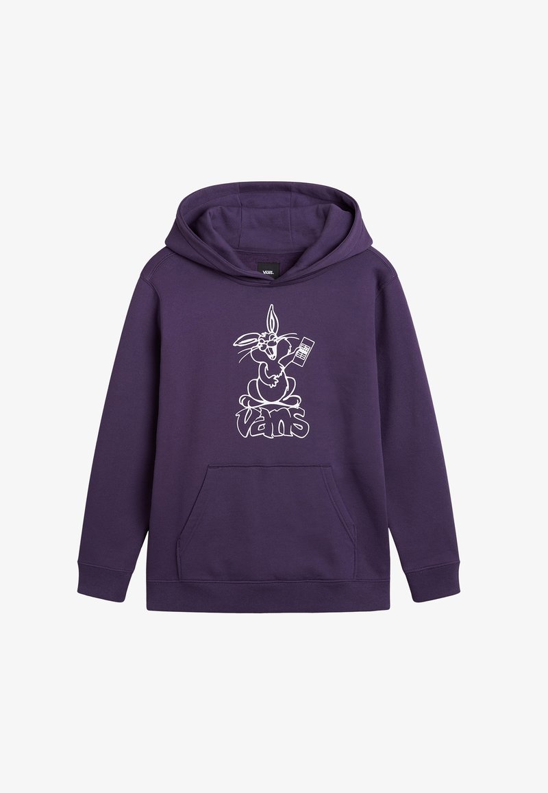 Sweat à capuche violet en tissu doux, avec un motif blanc représentant un lapin tenant une télécommande et le mot « Vans » en dessous.
