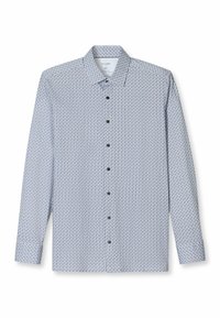 Hemd mit Knopfleiste in Hellblau mit geometrischem Muster, langen Ärmeln und Kragen. Verfügt über schwarze Knöpfe und eine strukturierte Oberfläche.