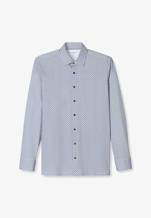 Hemd mit Knopfleiste in Hellblau mit geometrischem Muster, langen Ärmeln und Kragen. Verfügt über schwarze Knöpfe und eine strukturierte Oberfläche.