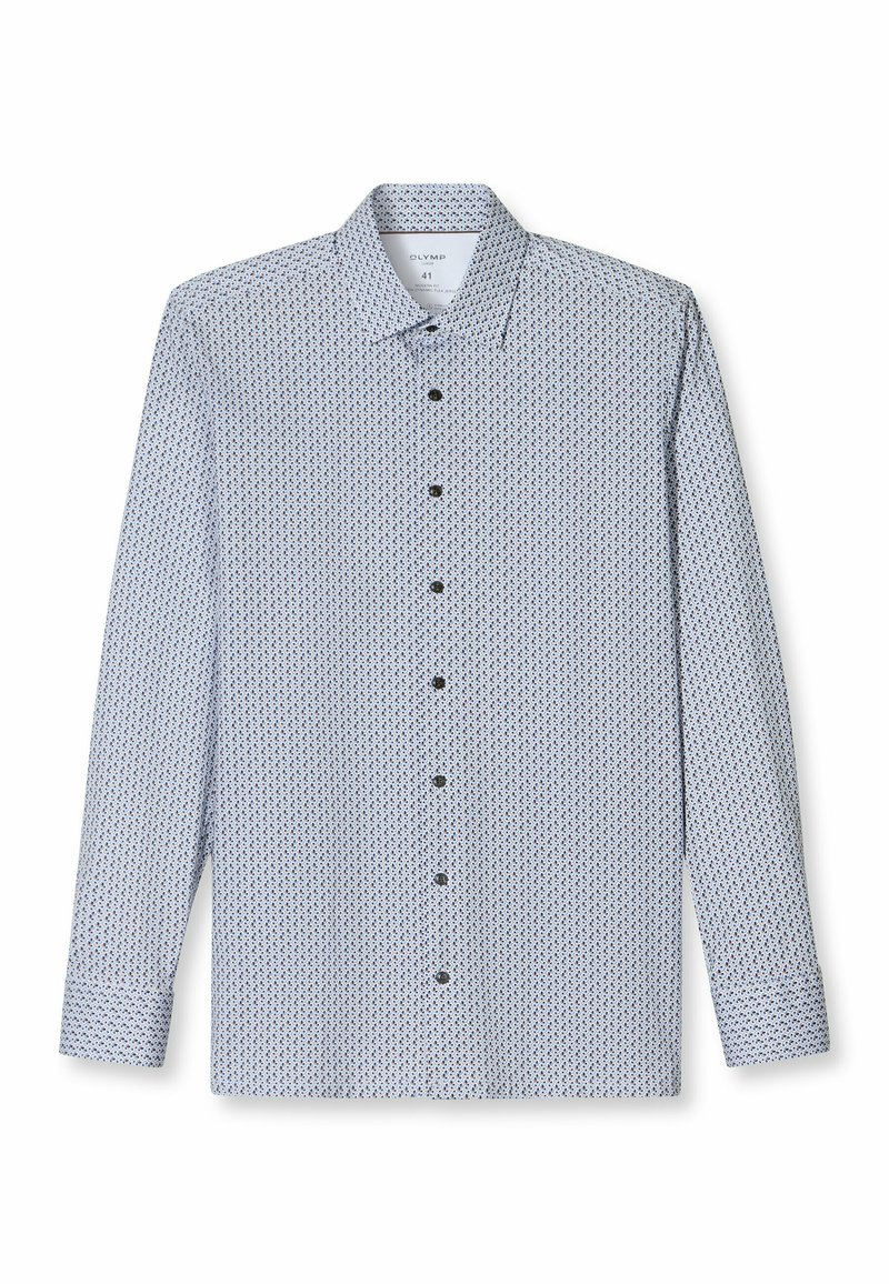 Hemd mit Knopfleiste in Hellblau mit geometrischem Muster, langen Ärmeln und Kragen. Verfügt über schwarze Knöpfe und eine strukturierte Oberfläche.