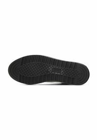 Semelle de chaussure en caoutchouc noir avec un motif de grip texturé, comprenant des nervures et un motif en losange pour la traction. Design épuré, couleur unie.