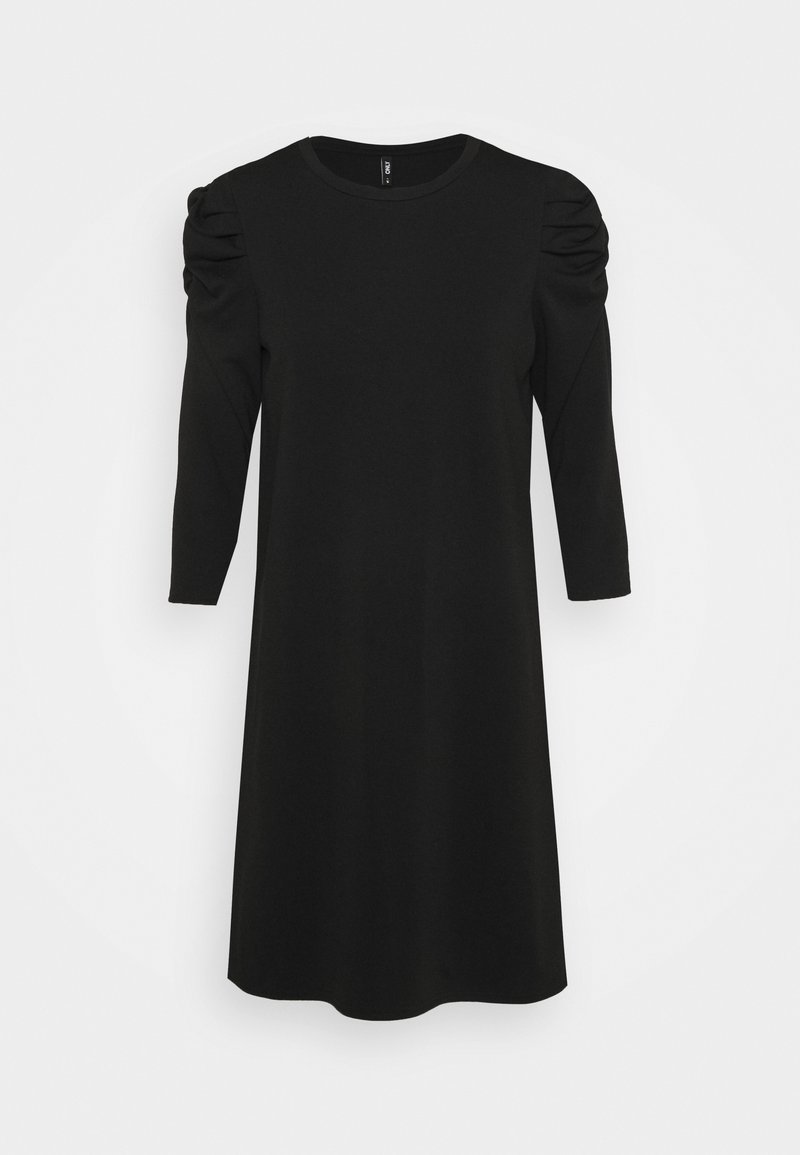 Robe noire longueur genou avec des manches bouffantes 3/4 et un col rond, présentée sur un fond blanc uni.