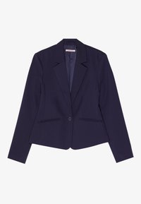 Blazer azul marino hecho de tela suave, con solapa con muesca, cierre de un botón y dos bolsillos delanteros con detalles sutiles de costura.