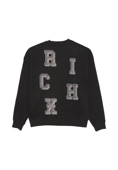 Felpa nera con lettere ricamate "R I C H C H X" in un colore chiaro a contrasto. Tessuto morbido con polsini e orlo a costine.