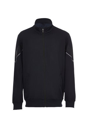 Sort zip-up jakke lavet af glat stof, med høj krave, sidelommer og stribede detaljer på skuldrene.