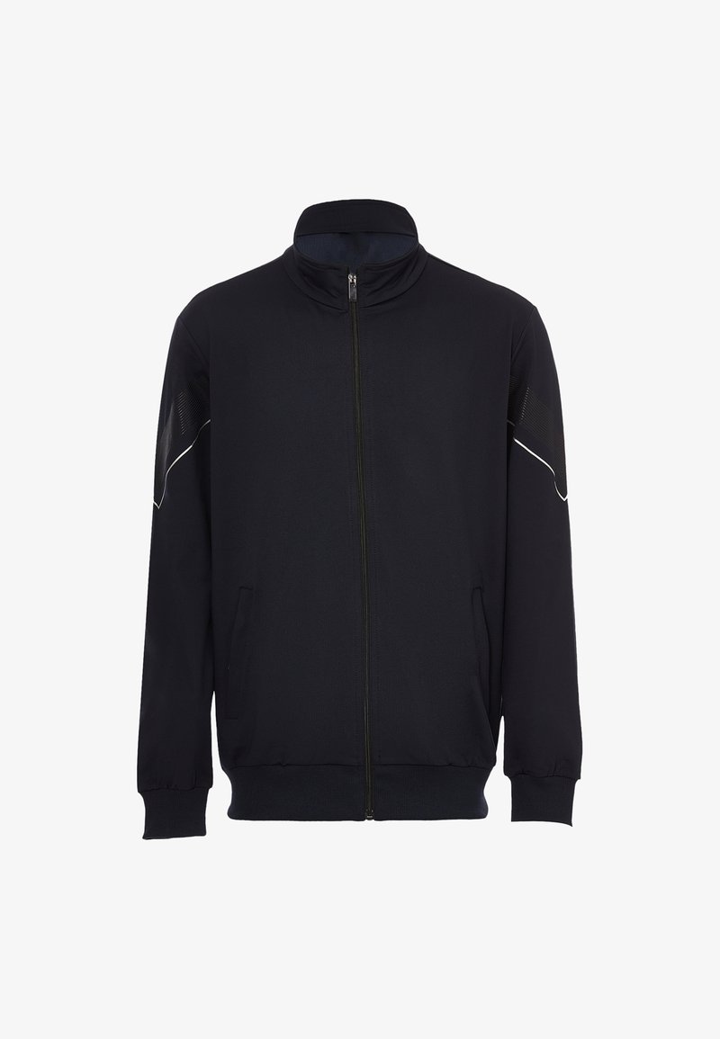 Sort zip-up jakke lavet af glat stof, med høj krave, sidelommer og stribede detaljer på skuldrene.