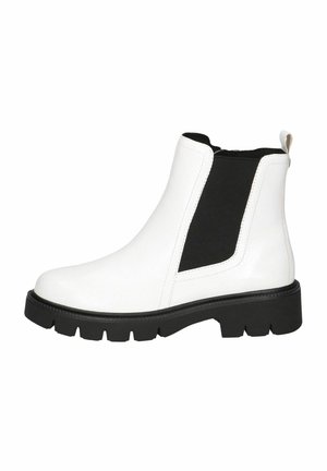 Botín de cuero blanco con paneles laterales elásticos negros, suela de goma y lengüeta trasera. Presenta un diseño elegante y puntera redonda.