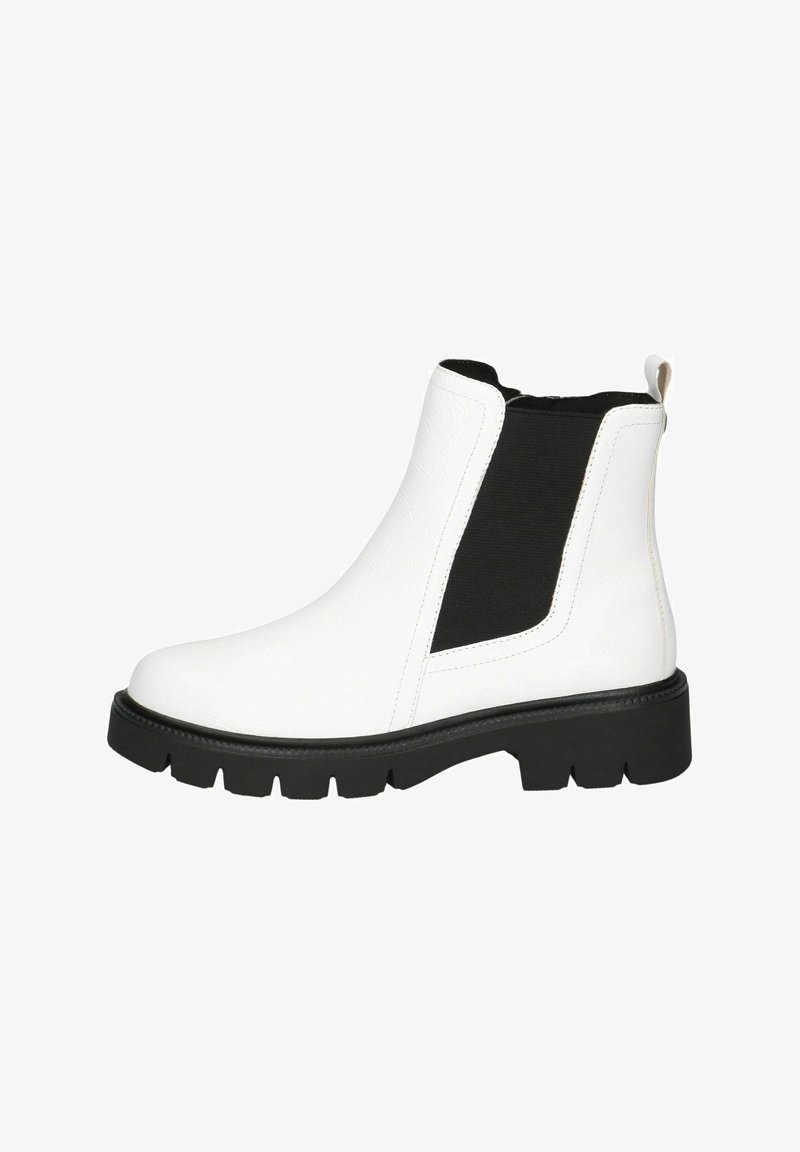 Botine albe din piele, cu panouri laterale elastice negre, talpă din cauciuc și bandă de prindere la spate. Au un design elegant și vârf rotund.