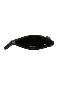 Black zippered pouch open, showing a few coins and a small white tag inside against a white background.