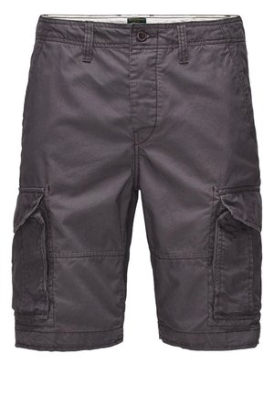 Pantaloni cargo grigio scuro con vita con bottone e tasche a soffietto su entrambi i lati, realizzati in tessuto leggero.