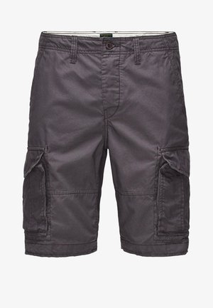 Dark gray cargo shorts with buttoned waistband and flap pockets on both sides, made of lightweight fabric.