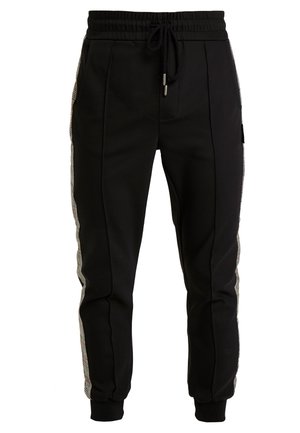Pantaloni da jogging neri con cintura elastica, coulisse, bande laterali a quadri e polsini alle caviglie.