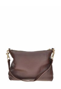 Borsa a spalla in pelle marrone con finitura testurizzata, zip dorata e tracolla regolabile. Presenta un design morbido e una forma minimalista.