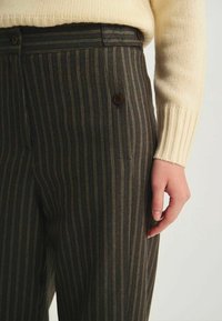 Pantalons rayés marron et vert avec taille haute, dotés d'une fermeture à bouton sur le devant et de poches latérales. Texture du tissu lisse.