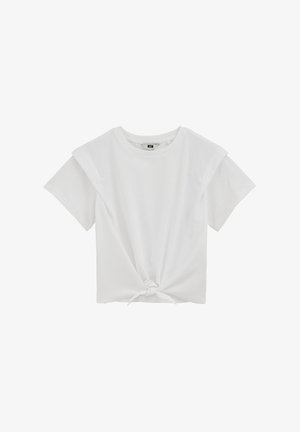 Weißes Baumwoll-T-Shirt mit kurzen Ärmeln, rundem Ausschnitt und vorderseitigem Knotendetail. Glatte Textur mit lockerem Schnitt.