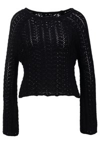 Pull court en tricot noir avec manches longues, présentant un motif texturé et un design en maille ouverte. Encolure ronde et coupe décontractée.