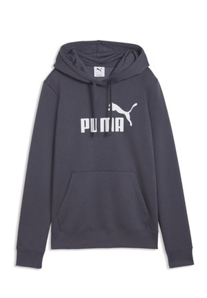 Sweat à capuche Puma gris foncé avec poche kangourou à l’avant, capuche avec cordon de serrage, et logo ainsi que texte Puma blancs sur la poitrine.
