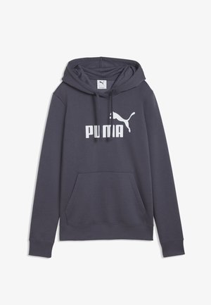 Ciemnoszara bluza z kapturem Puma z kieszenią typu kangur na przodzie, kapturem na sznurki i białym logo oraz napisem Puma na piersi.