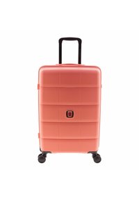 Koffer met harde schaal als handbagage in koraalrood, voorzien van een getextureerd oppervlak met horizontale lijnen, een uitschuifbare handgreep en vier wielen voor mobiliteit.