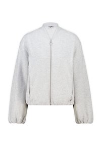 Veste bomber grise courte en tissu doux, dotée d'une fermeture zippée, de poignets côtelés et d'un design simple sans motifs ni accents.