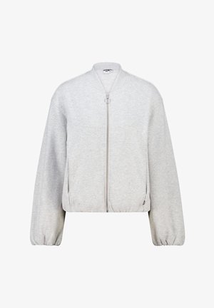 Grijze cropped bomberjack van zachte stof, met een ritsluiting, geribbelde manchetten en een eenvoudig ontwerp zonder patronen of accenten.