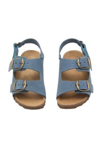 Sandali in suede blu con due cinturini regolabili in metallo. Presentano un design aperto, una soletta morbida e suole testurizzate per una migliore aderenza.