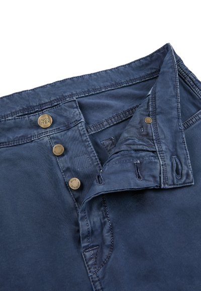 Dark blue pants with three brass buttons and buttonholes, partially unbuttoned, showing stitching and fabric texture on a white background.