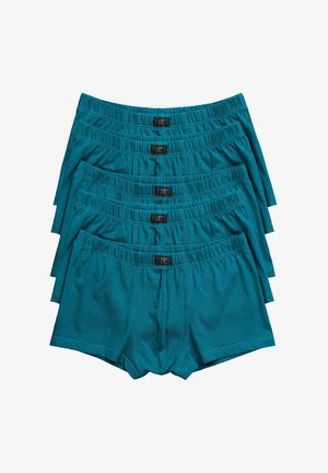 Set di cinque slip da uomo in tessuto teal. Fondo elastico con etichetta nera. Texture liscia, design aderente e lunghezza della gamba corta.
