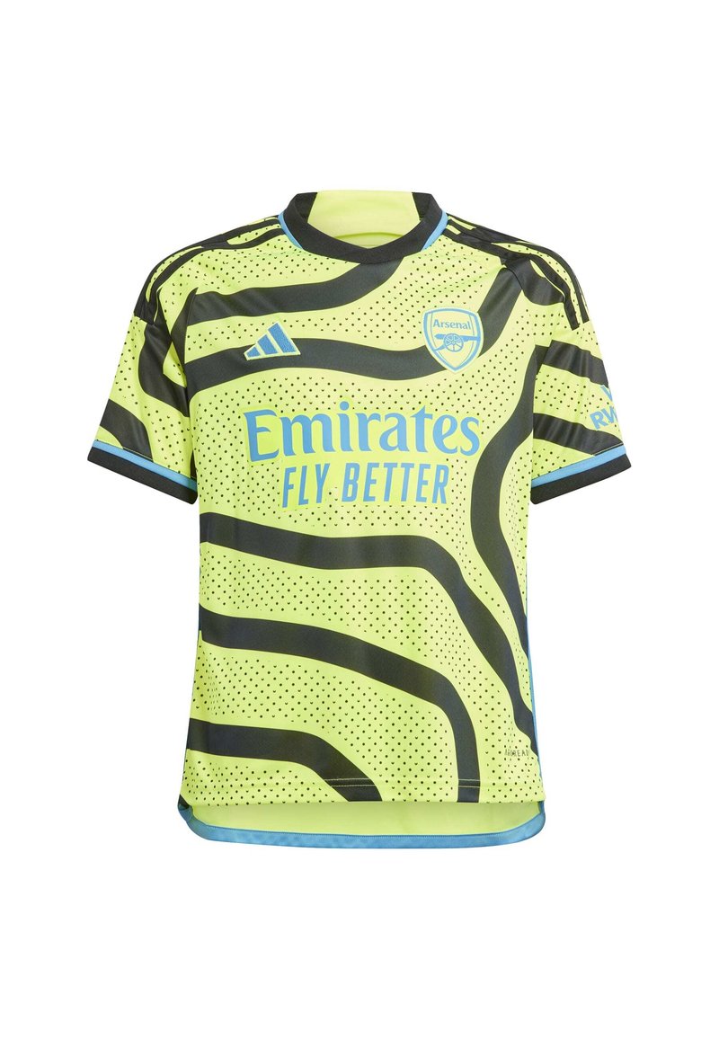 Jersey amarillo-verde con patrón de olas negras, logo de Adidas y escudo del Arsenal. Presenta mangas cortas y un cuello redondo.