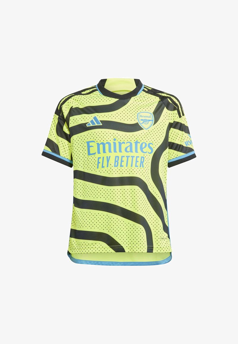Jersey amarillo-verde con patrón de olas negras, logo de Adidas y escudo del Arsenal. Presenta mangas cortas y un cuello redondo.