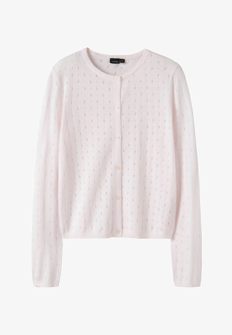 Jasnoróżowy kardigan na długi rękaw z małym wzorem ażurowym i guzikami z przodu, okrągły dekolt oraz ściągacze na rękawach i w pasie.