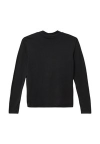 Zwarte lange mouwen crewneck shirt plat gelegd, met de achterkant zichtbaar, van een gladde stof zonder zichtbare patronen of logo's.