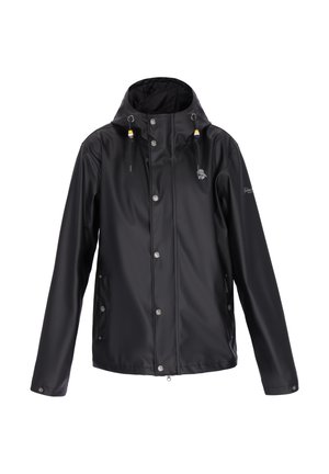 Fekete vízálló kapucnis dzseki, elején gombokkal, húzózsinóros kapucnival és két oldalzsebbel, fehér háttér előtt bemutatva.