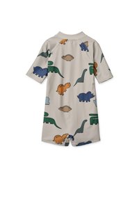 Maillot de bain beige à manches courtes avec divers imprimés de dinosaures colorés. Fabriqué en tissu extensible, il dispose d'une fermeture éclair à l'avant pour un enfilage facile.