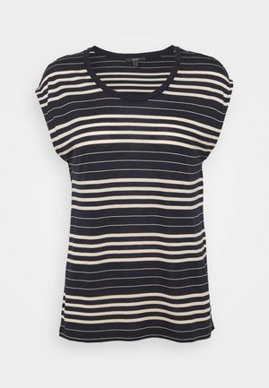 Marinblå och krämfärgad randig t-shirt med rundad halsringning och korta ärmar. Mjuk tygkvalitet med avslappnad passform. Horisontella ränder genom hela plagget.