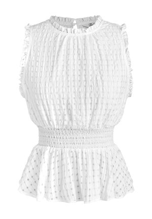 Witte peplumtop gemaakt van gestructureerde stof met een geplooide taille. Voorzien van een ronde halslijn en gerimpelde mouwtjes.