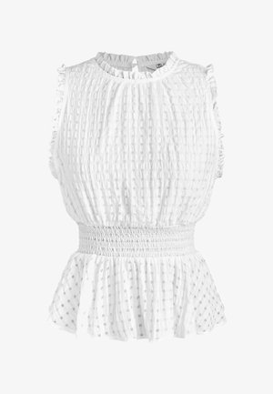 Witte peplumtop gemaakt van gestructureerde stof met een geplooide taille. Voorzien van een ronde halslijn en gerimpelde mouwtjes.