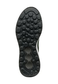 Suola di scarpa in gomma nera caratterizzata da motivi di battistrada circolari e ovali, con fori di ventilazione e una superficie texture per una migliore aderenza e comfort.
