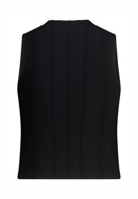 Black sleeveless knit top featuring vertical ribbed texture, round neckline, and a fitted shape, suitable for layering or standalone wear.