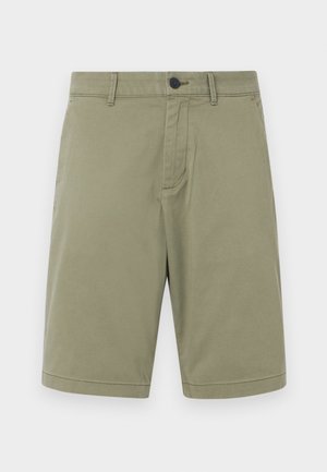 Khaki shorts made of cotton, featuring belt loops, a front button, and a flat front design with a clean finish and no pockets.