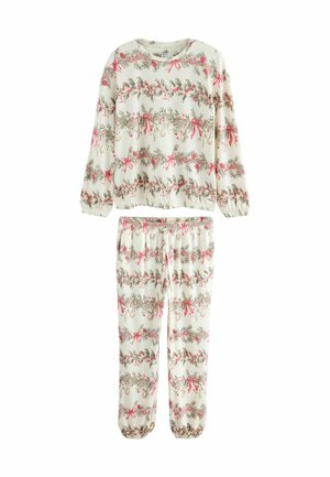 Tvådelad pyjamasset tillverkad av mjukt tyg. Har ett festligt mönster av växter, rosa band och prydnader på en krämfärgad bakgrund. Elastisk midja.