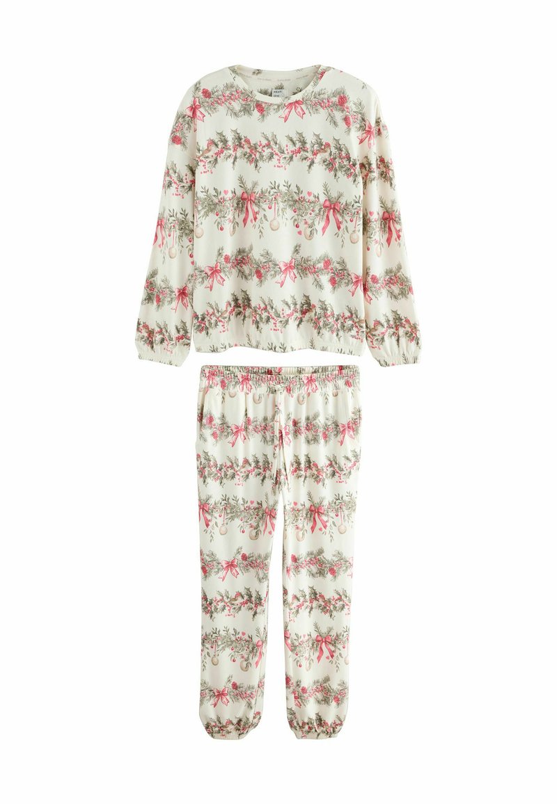 Kaksi osainen pyjama-asusetti, joka on tehty pehmeästä kankaasta. Sisältää juhlallisen kuvion vihreistä kasveista, vaaleanpunaisista nauhoista ja koristeista vaaleassa taustassa. Resorivyötärö.