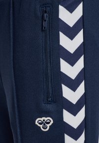 Marineblauwe trainingsbroek met een ritszak en een wit chevronstrepenontwerp. Bevat een geborduurd logo nabij de onderkant. Soepele stoftextuur.